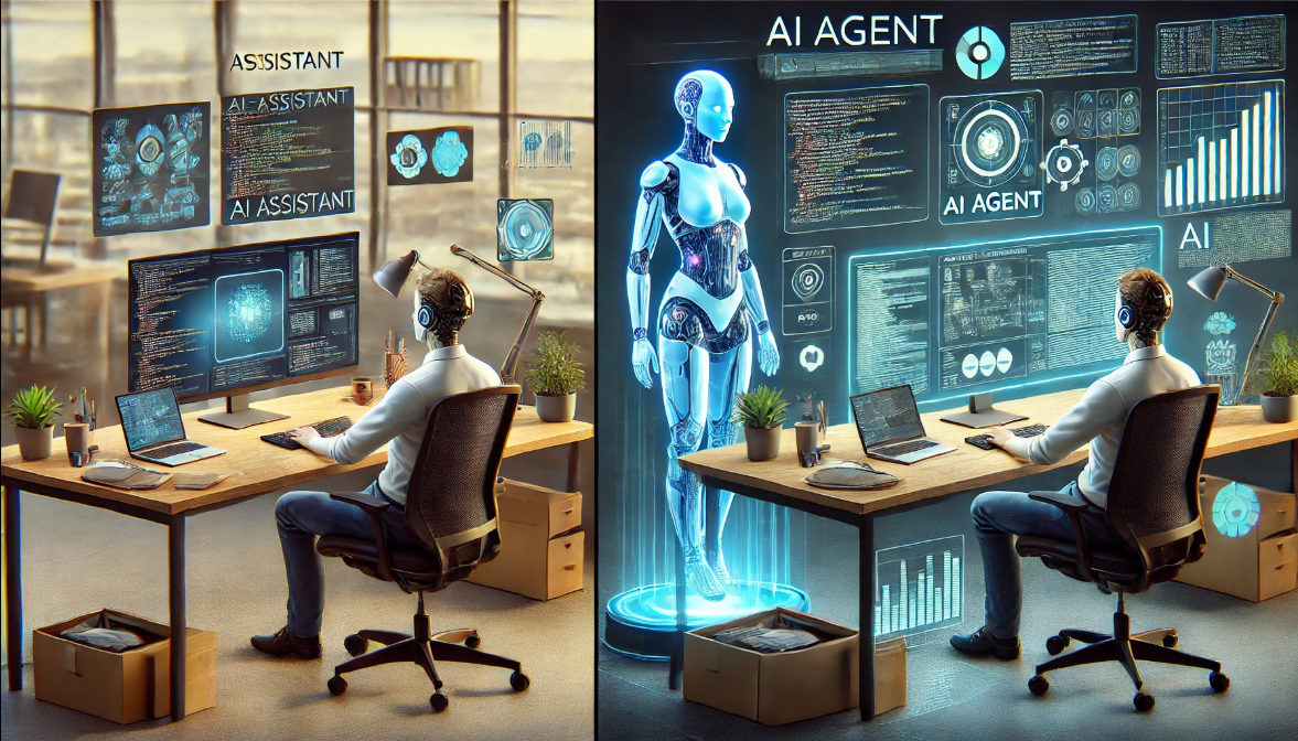 AI Assistant vs AI Agent diagram: AI Assistant is reactive, AI Agent is proactive